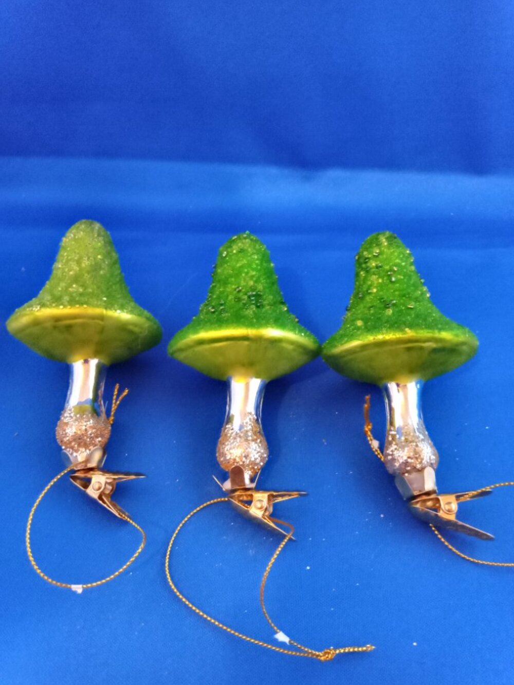 set of 3 green & silver glass mushroom clipon christmas ornaments glitter accent